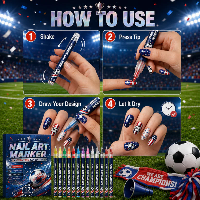 ⚽ 12-Color Football Nail Art Pens 🎨 Fast-Dry DIY Match Day Nails 🏆 Fan Party Essential